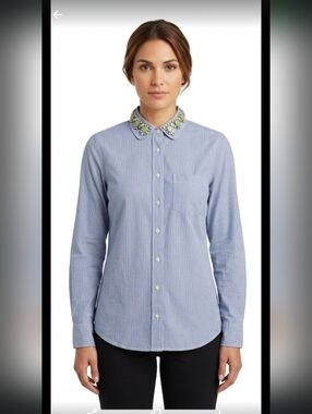 J Crew Peter Pan Collar Oxford Boy Shirt 0 XS Denim Jeweled Preppy County Cowgir